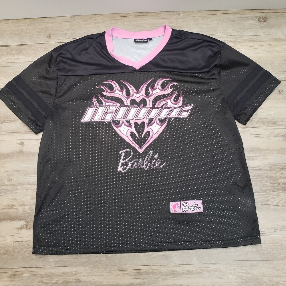 Barbie ICONIC Jersey Shirt Women's V-Neck Short Sleeve BARBIE Pink Black